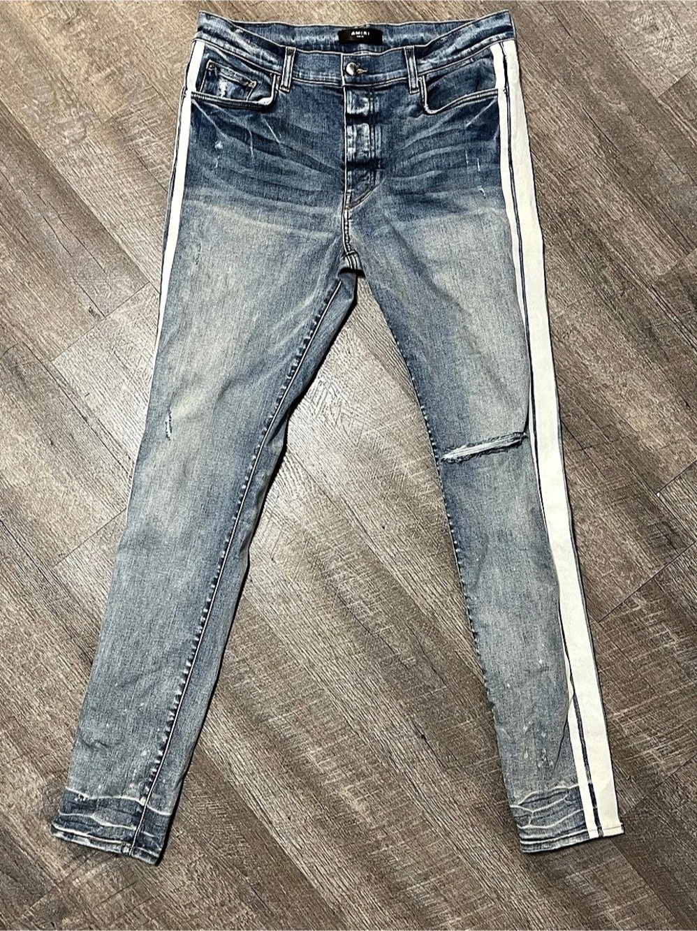 AMIRI JEANS 36 Light Wash Denim Blue Jean Broken Track Pants White Stripe USA